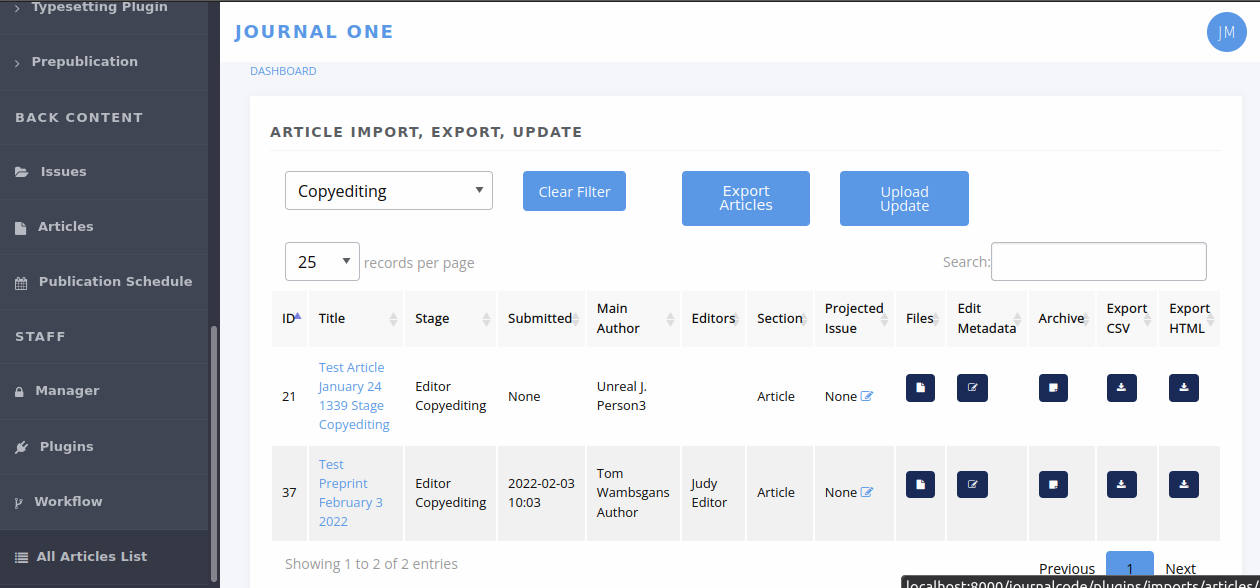 The Import, Export, Update start page